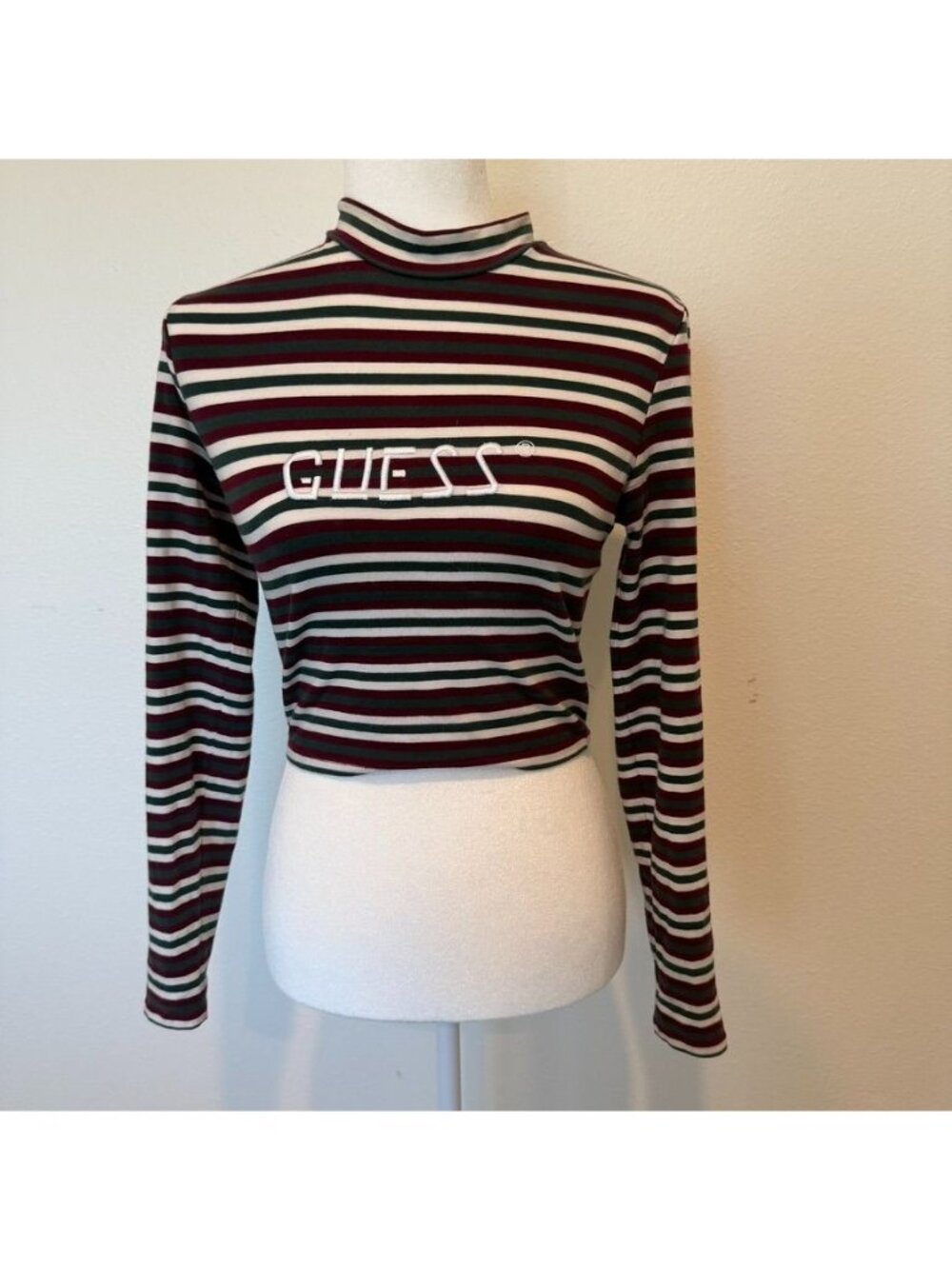 Vintage 90s Guess Cotton Blend Striped Crop Long Sleeve Top Size XS